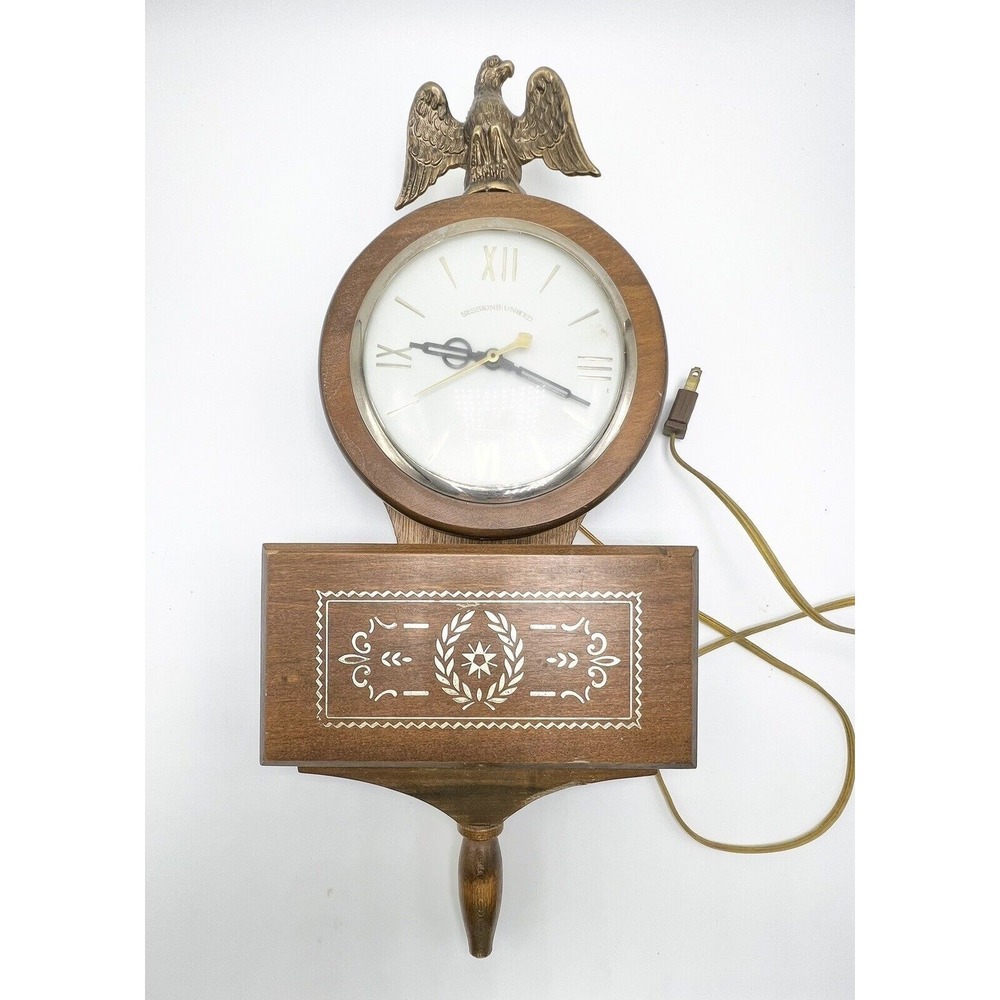Vintage Sessions: United Wooden Wall Clock w/ Eagle Finial WORKING